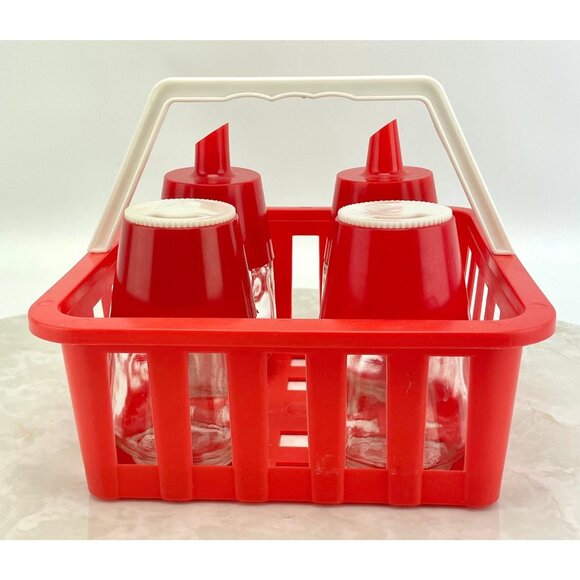 Vintage 70s condiment caddy, picnic plastic and glass dispensers - Picture 8 of 10
